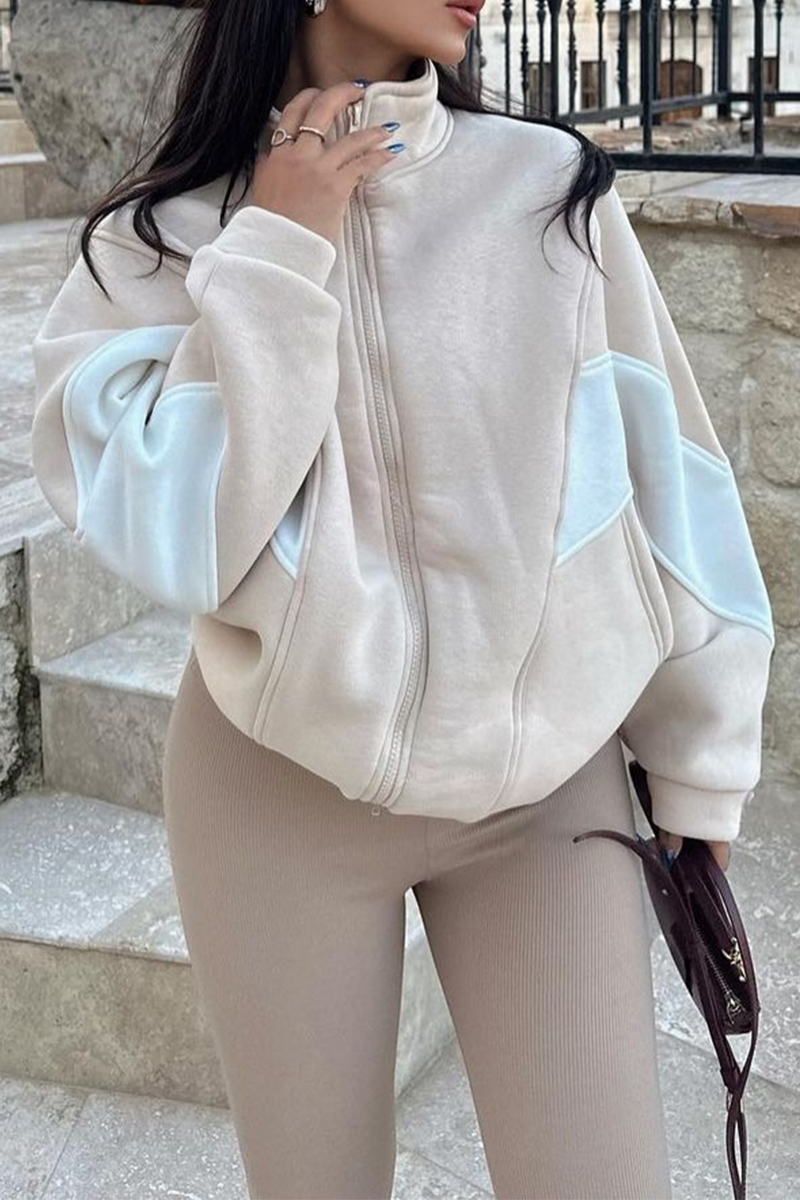 Colorblock Zipper Jacket with Mandarin Collar – Casual Chic