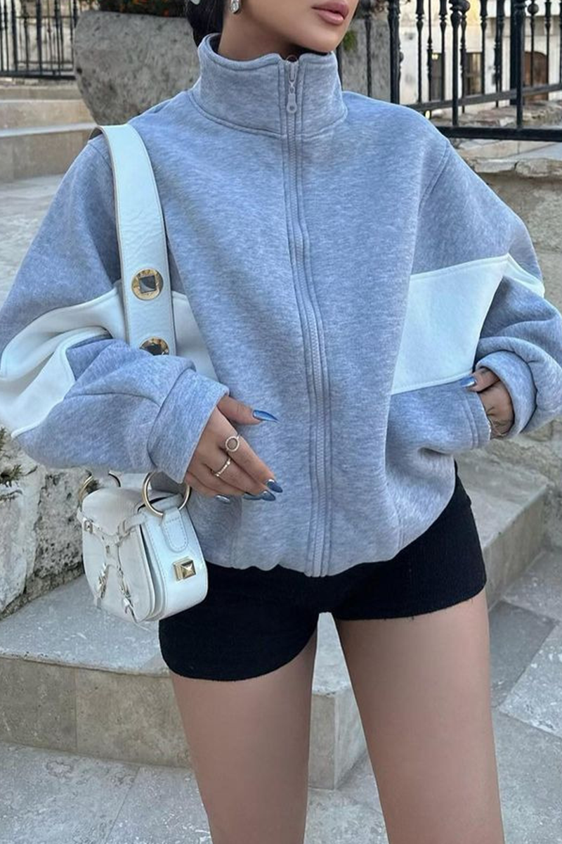 Colorblock Zipper Jacket with Mandarin Collar – Casual Chic