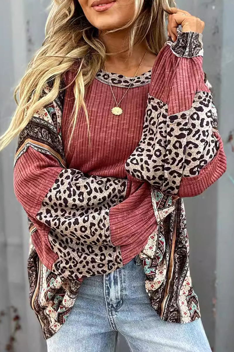 Casual Stripe Leopard Patchwork Contrast O Neck Tops - Fashionpara