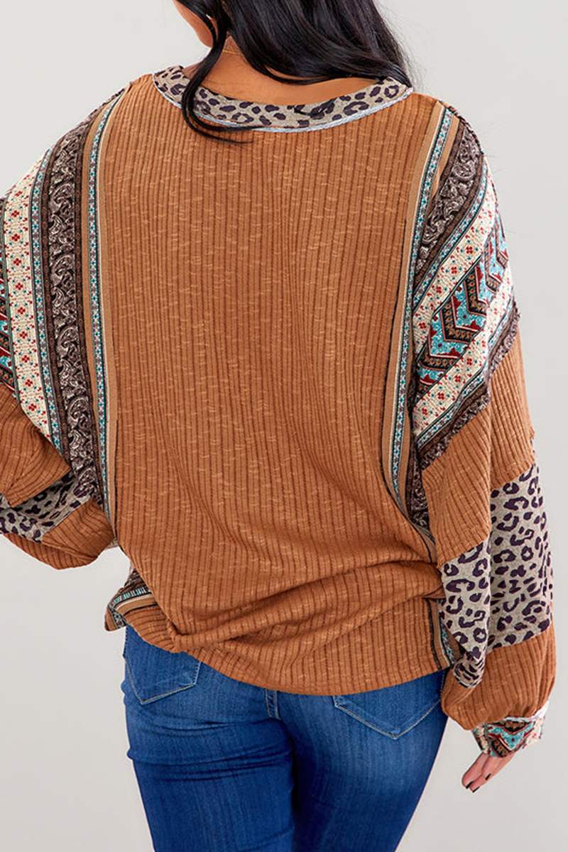 Casual Stripe Leopard Patchwork Contrast O Neck Tops - Fashionpara