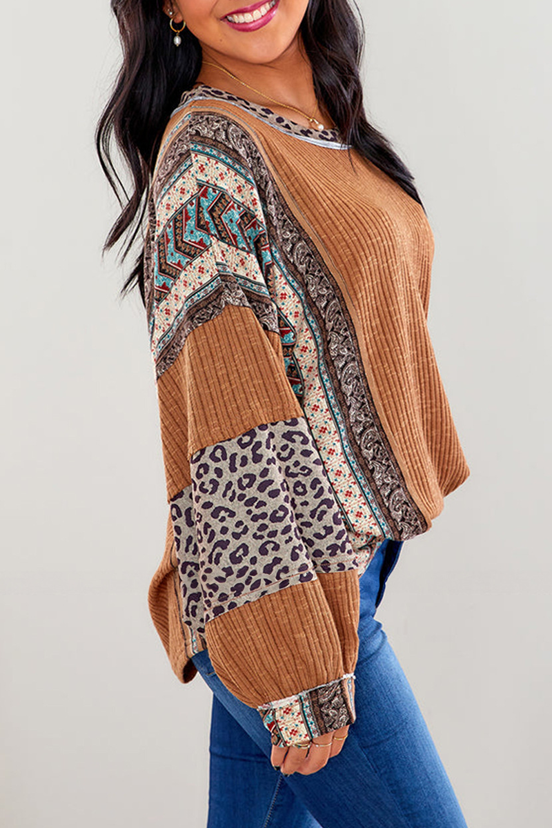 Casual Stripe Leopard Patchwork Contrast O Neck Tops - Fashionpara