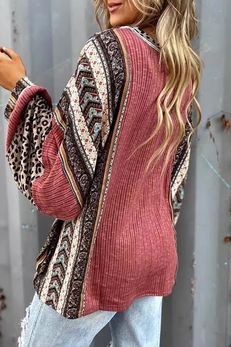 Casual Stripe Leopard Patchwork Contrast O Neck Tops - Fashionpara