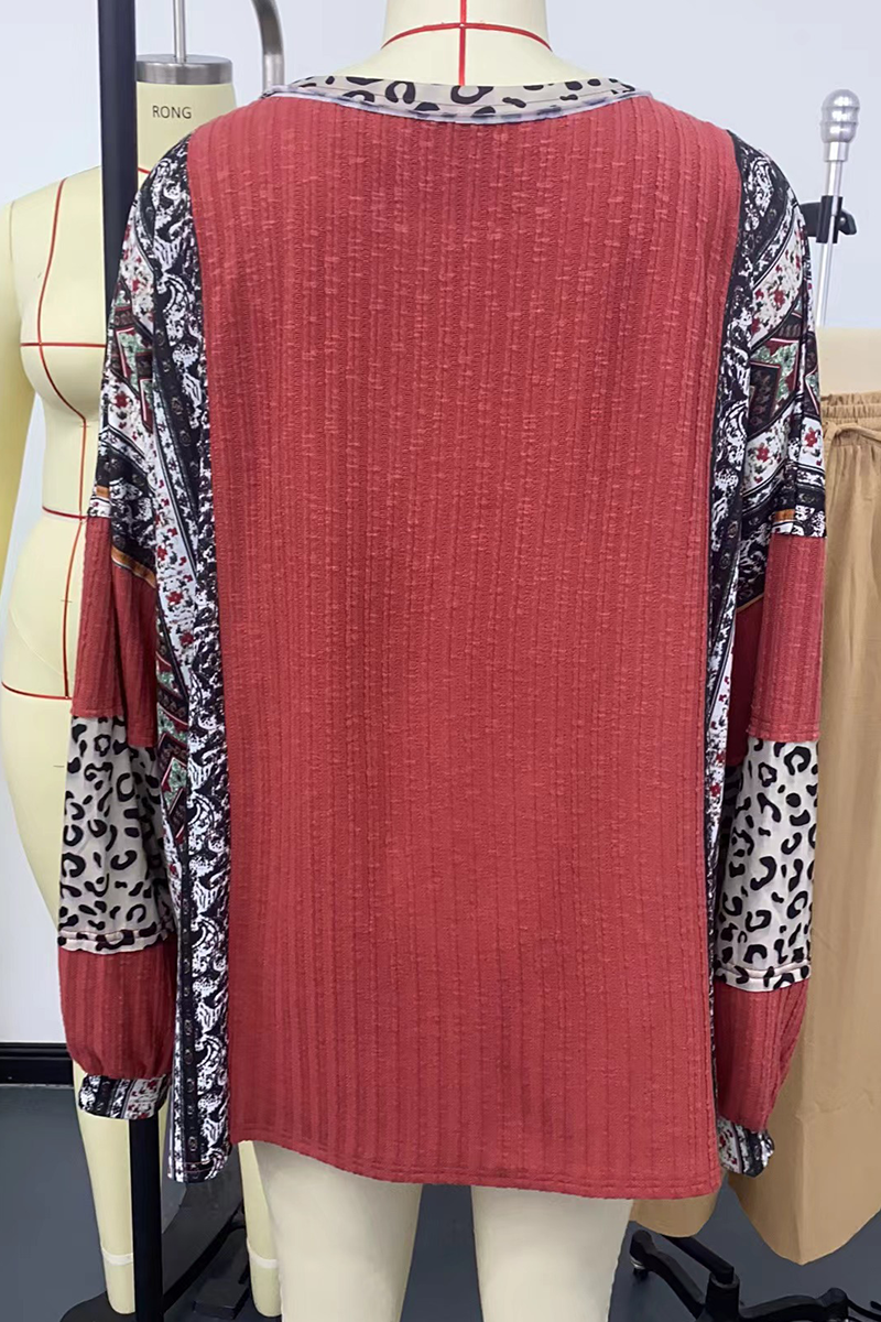 Casual Stripe Leopard Patchwork Contrast O Neck Tops - Fashionpara