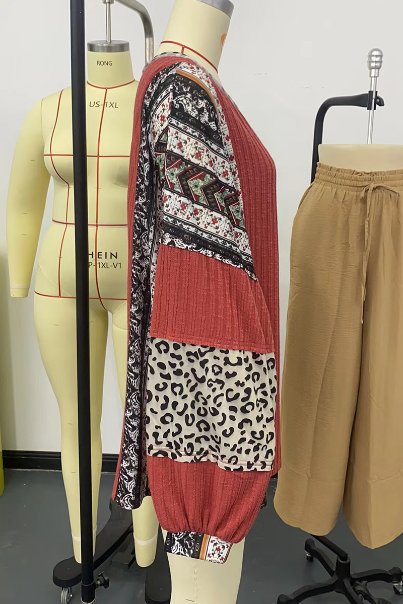 Casual Stripe Leopard Patchwork Contrast O Neck Tops - Fashionpara