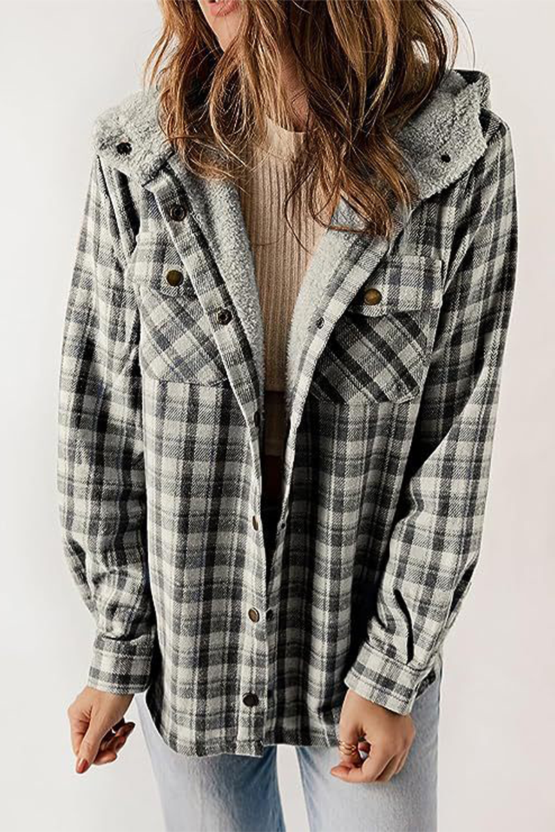 Fluffy Contrast Hooded Plaid Outerwear for Cozy Style