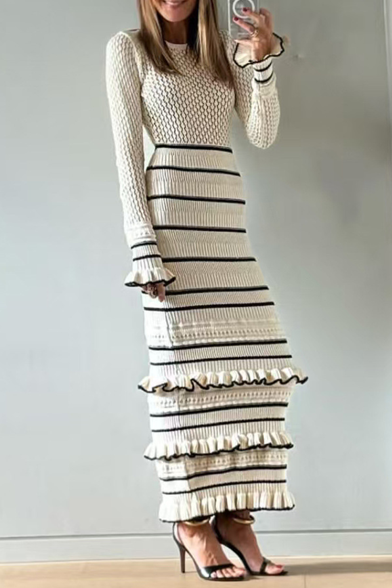 Casual Stripe Ruffle Weave Contrast O Neck Wrapped Skirt Dresses - Fashionpara