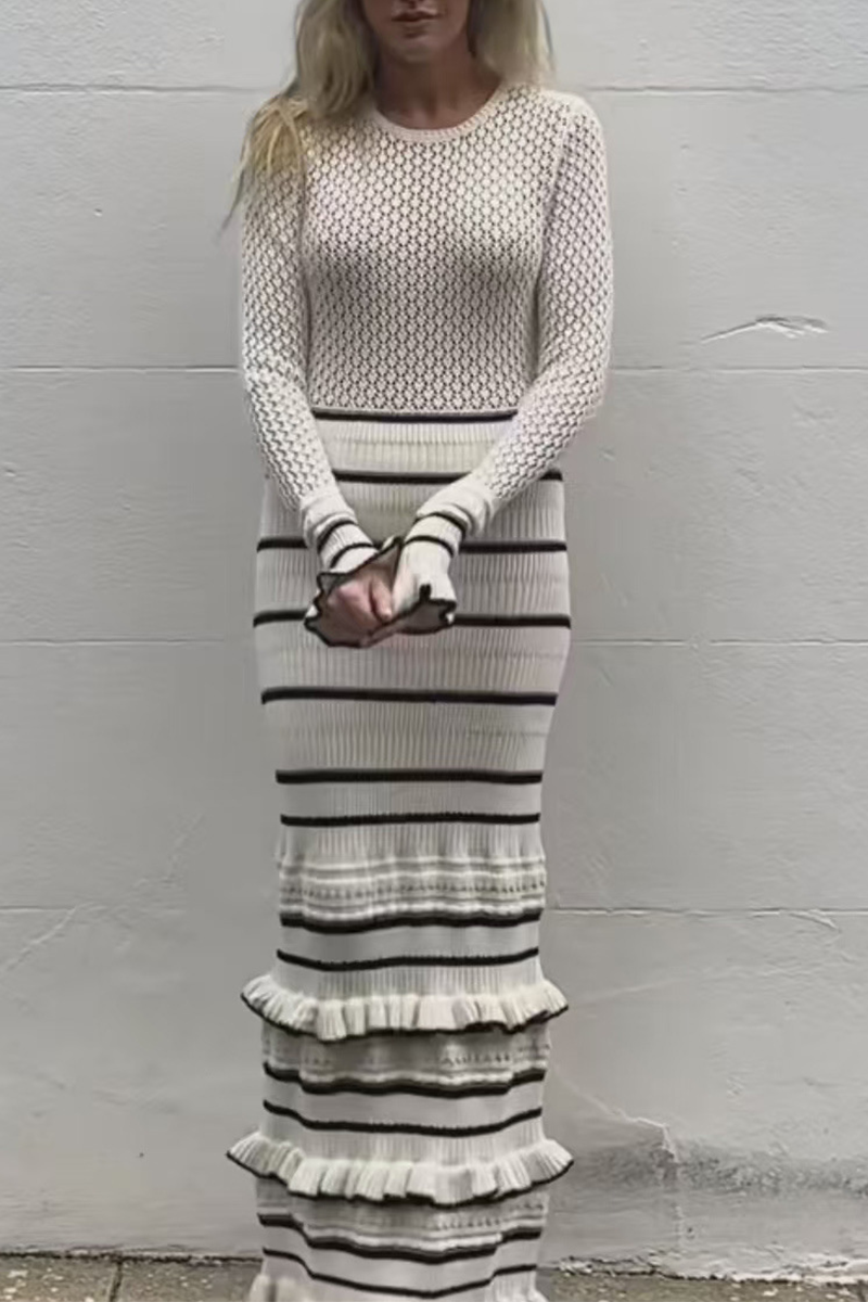 Casual Stripe Ruffle Weave Contrast O Neck Wrapped Skirt Dresses - Fashionpara