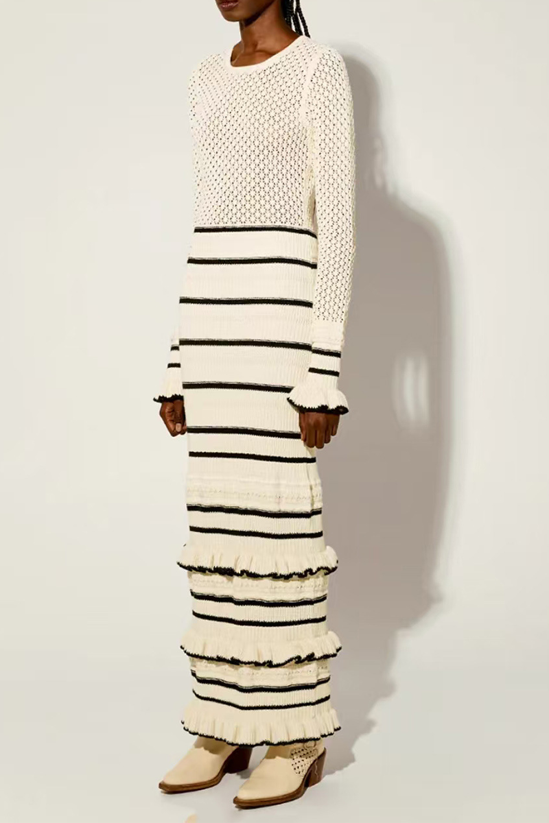 Casual Stripe Ruffle Weave Contrast O Neck Wrapped Skirt Dresses - Fashionpara