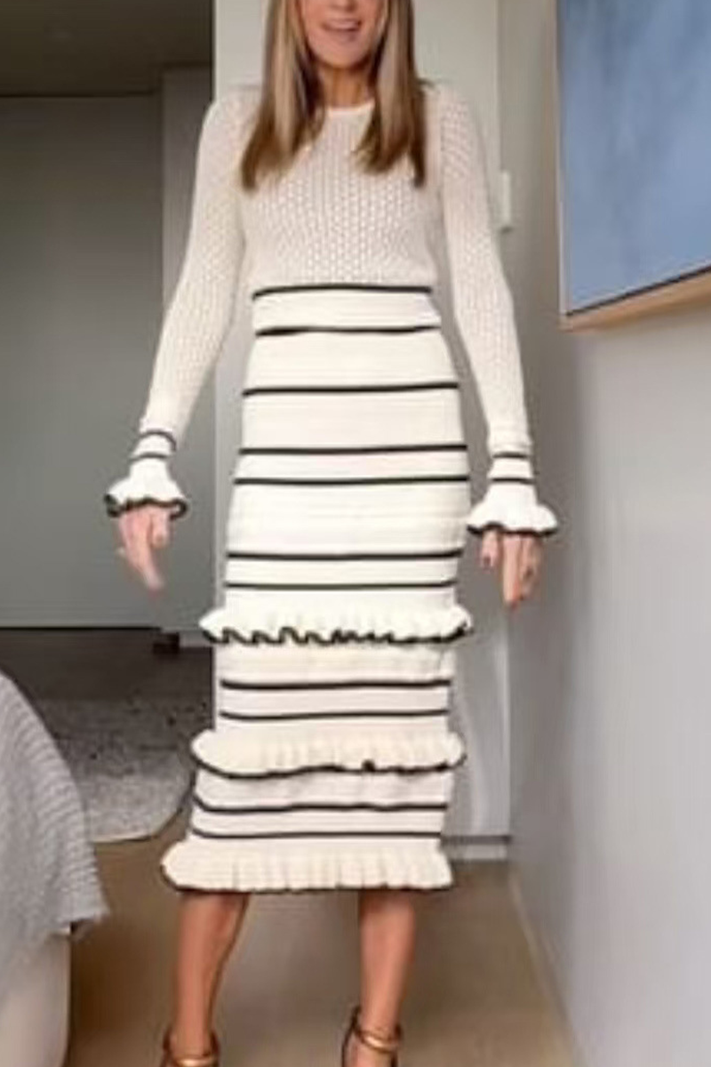 Casual Stripe Ruffle Weave Contrast O Neck Wrapped Skirt Dresses - Fashionpara