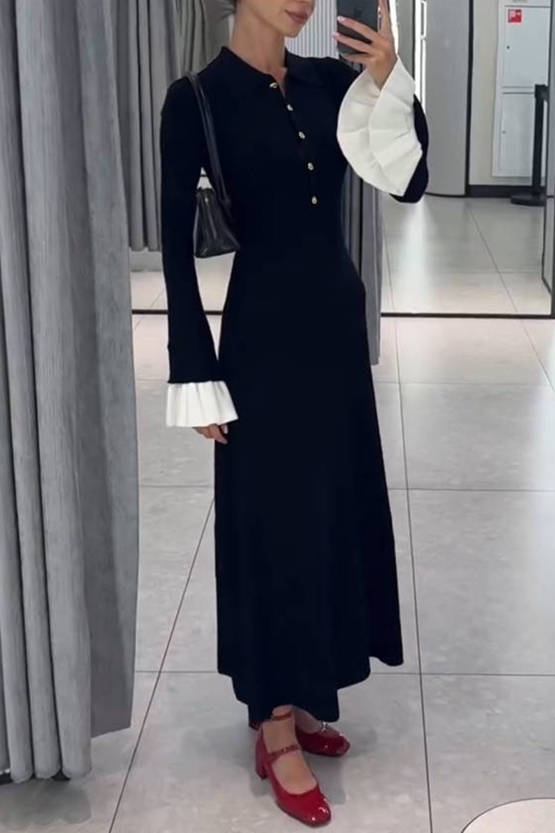 Elegant Ruffle Weave Contrast O Neck Waist Skirt Dresses - Fashionpara