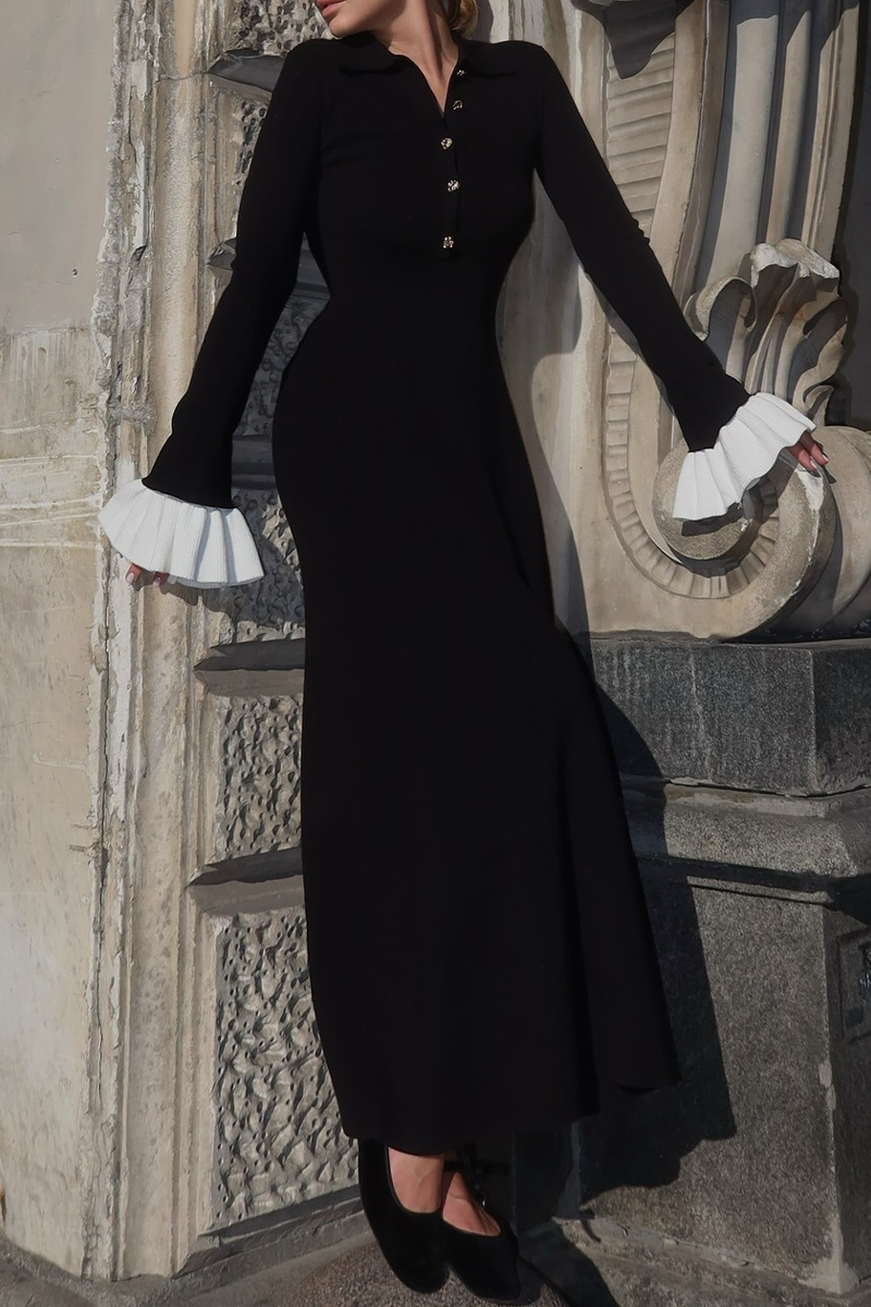 Elegant Ruffle Weave Contrast O Neck Waist Skirt Dresses - Fashionpara