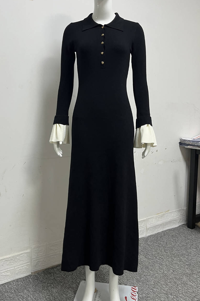 Elegant Ruffle Weave Contrast O Neck Waist Skirt Dresses - Fashionpara