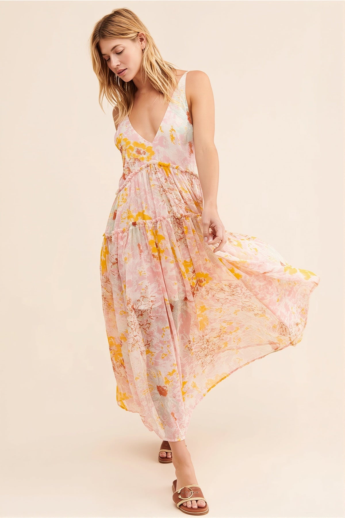 Floral Print V-Neck Tiered Chiffon Maxi Dress 5