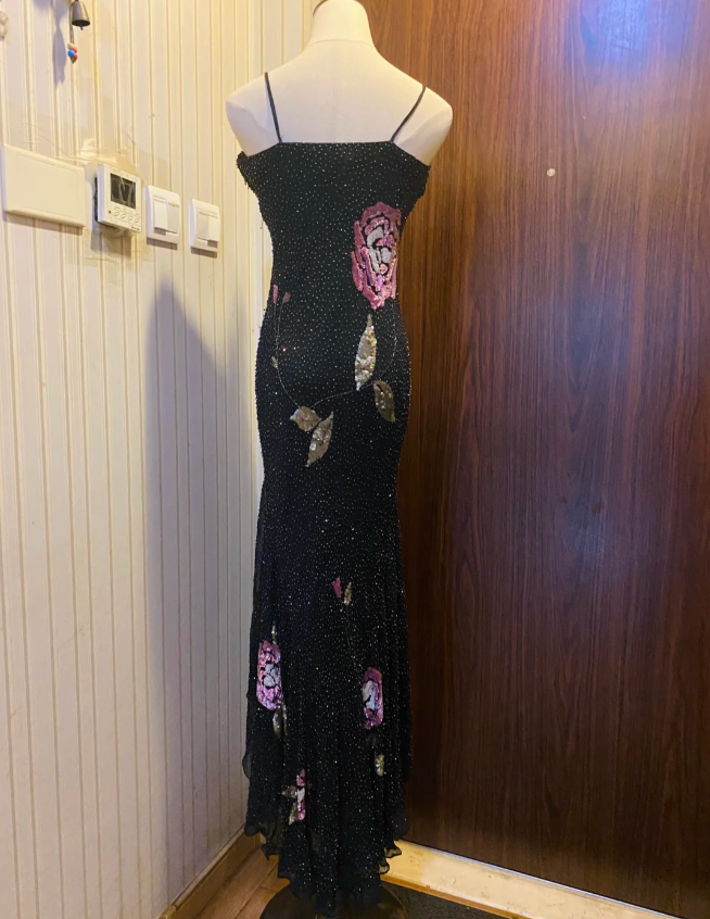 Retro Black Mermaid V-Neck Chiffon Long Prom Dress Evening Dress P4173