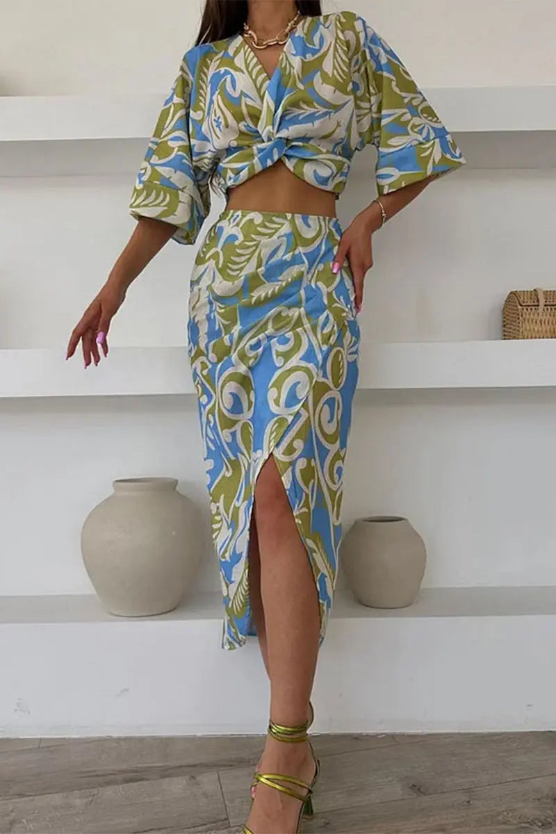 Sexy Casual Vacation Floral Print Slit V Neck Half Sleeve Two Pieces Fashionpara