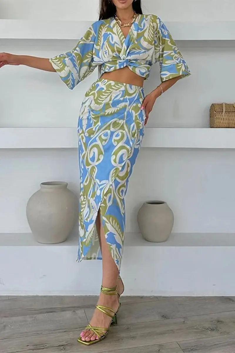 Sexy Casual Vacation Floral Print Slit V Neck Half Sleeve Two Pieces Fashionpara