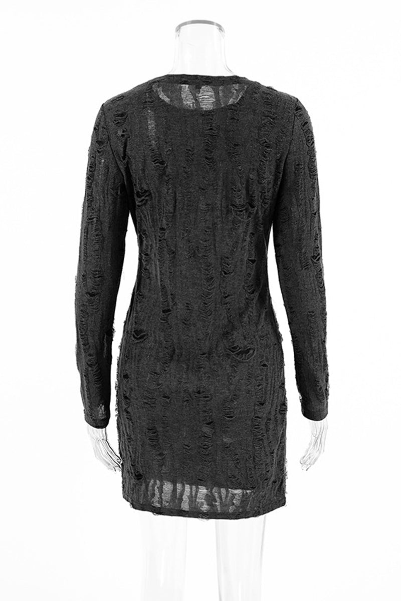 Casual Street Ripped Distressed O Neck Wrapped Skirt Dresses - Fashionpara