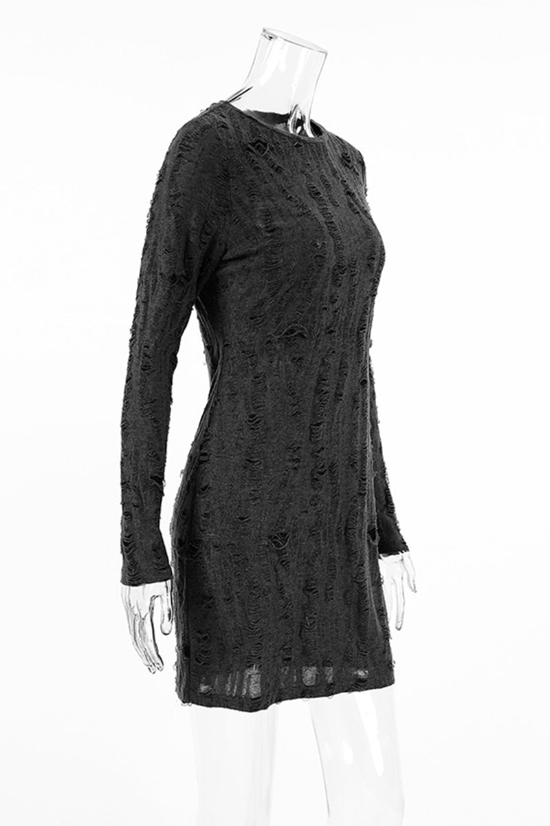 Casual Street Ripped Distressed O Neck Wrapped Skirt Dresses - Fashionpara