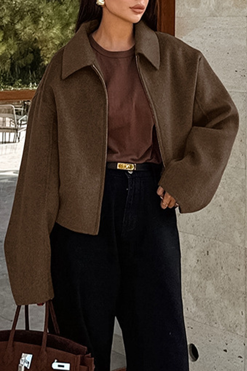 Casual Zippered Blazer with Turndown Collar for Effortless Style