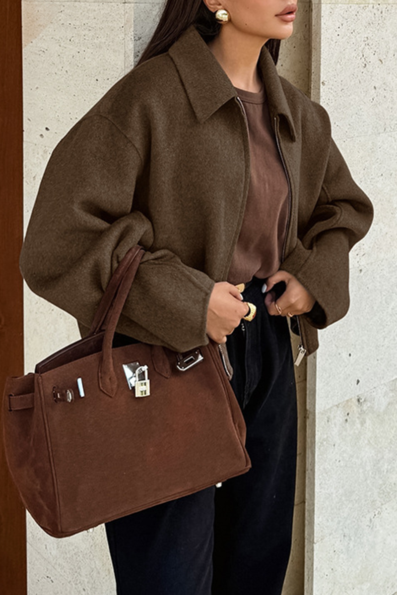 Casual Zippered Blazer with Turndown Collar for Effortless Style