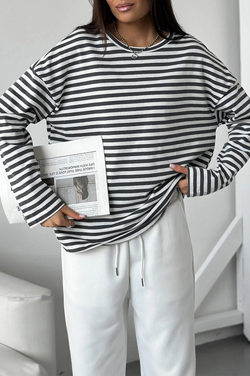 Casual Stripe Contrast O Neck Tops - Fashionpara