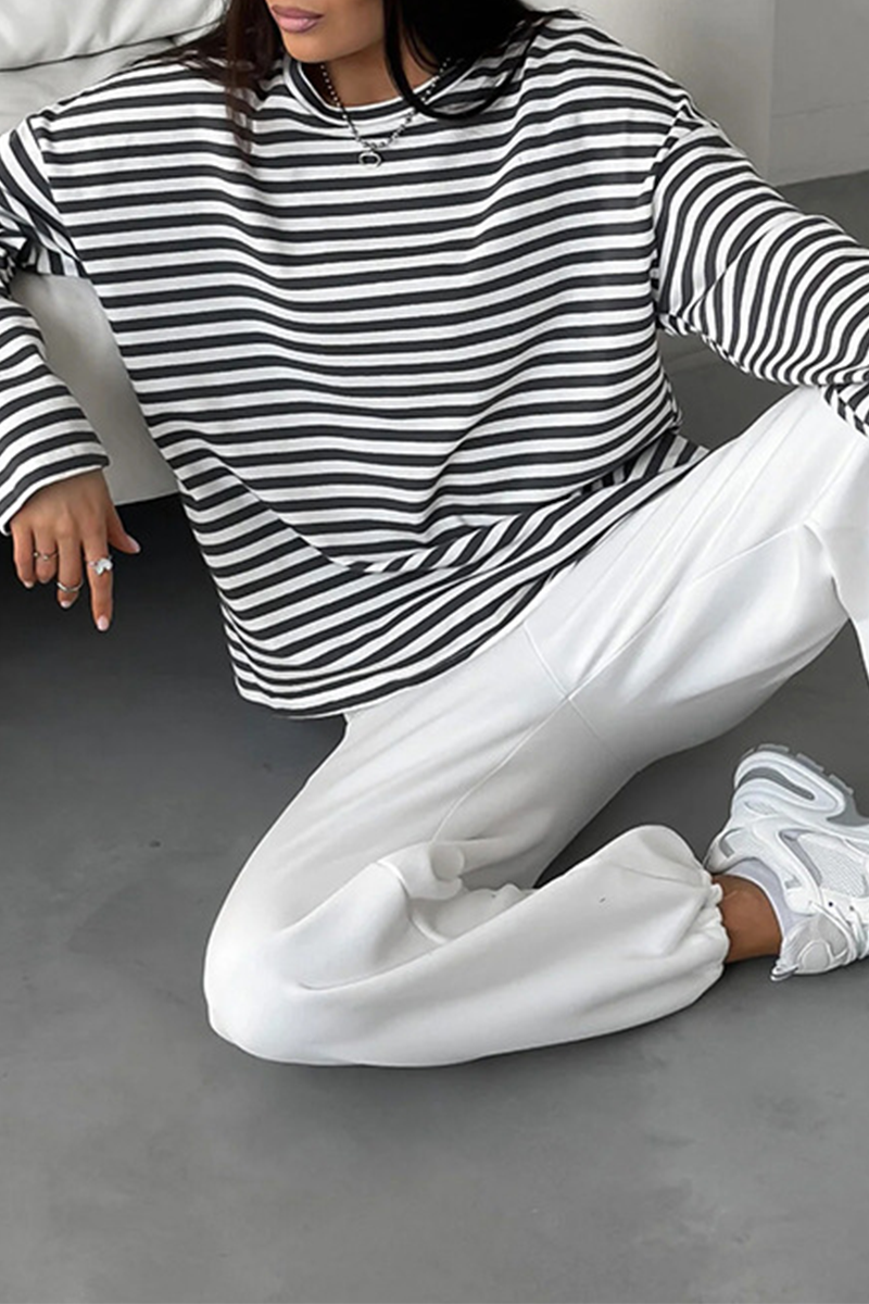 Casual Stripe Contrast O Neck Tops - Fashionpara