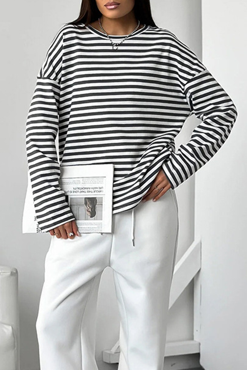 Casual Stripe Contrast O Neck Tops - Fashionpara