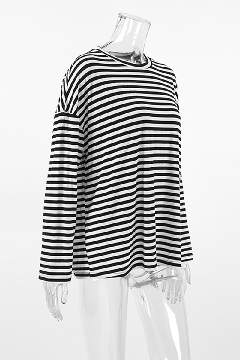 Casual Stripe Contrast O Neck Tops - Fashionpara