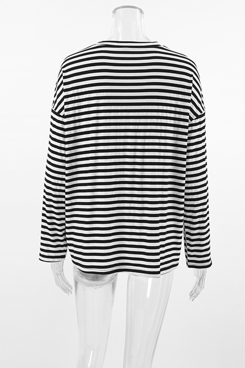 Casual Stripe Contrast O Neck Tops - Fashionpara
