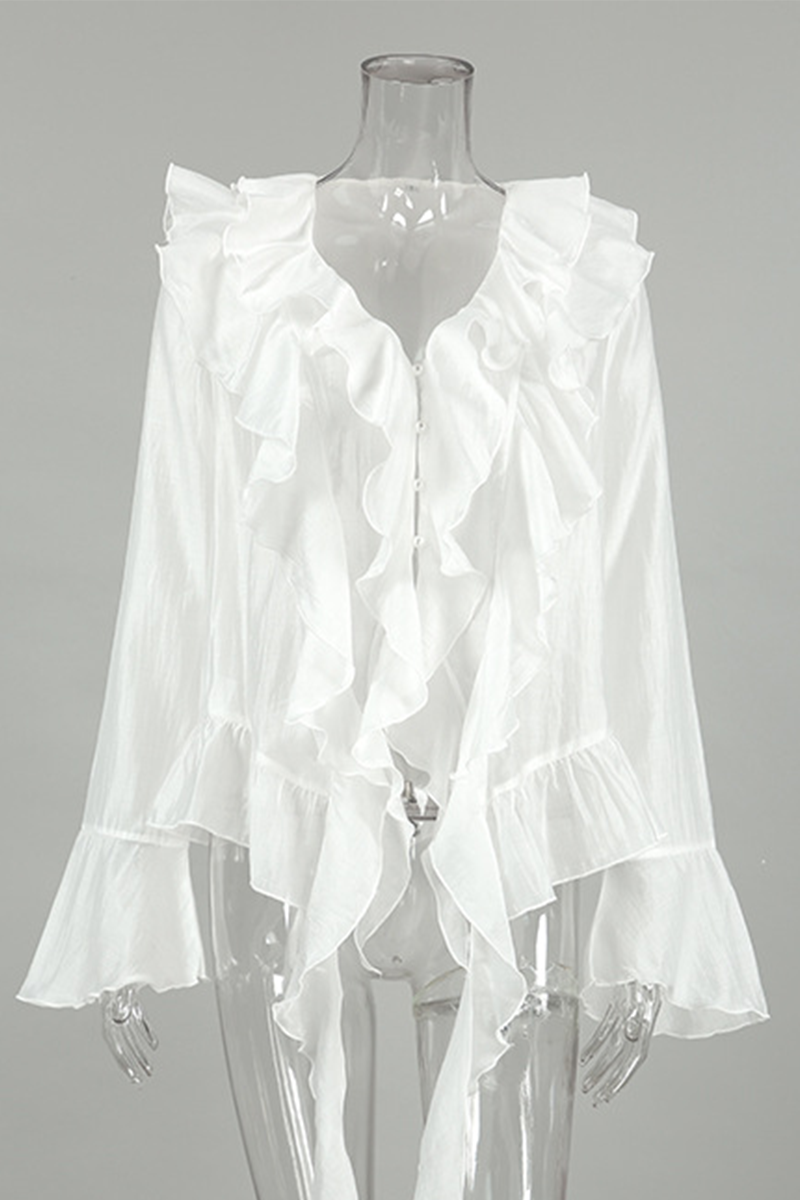 Elegant See-Through Ruffle Lotus Leaf Collar Blouses