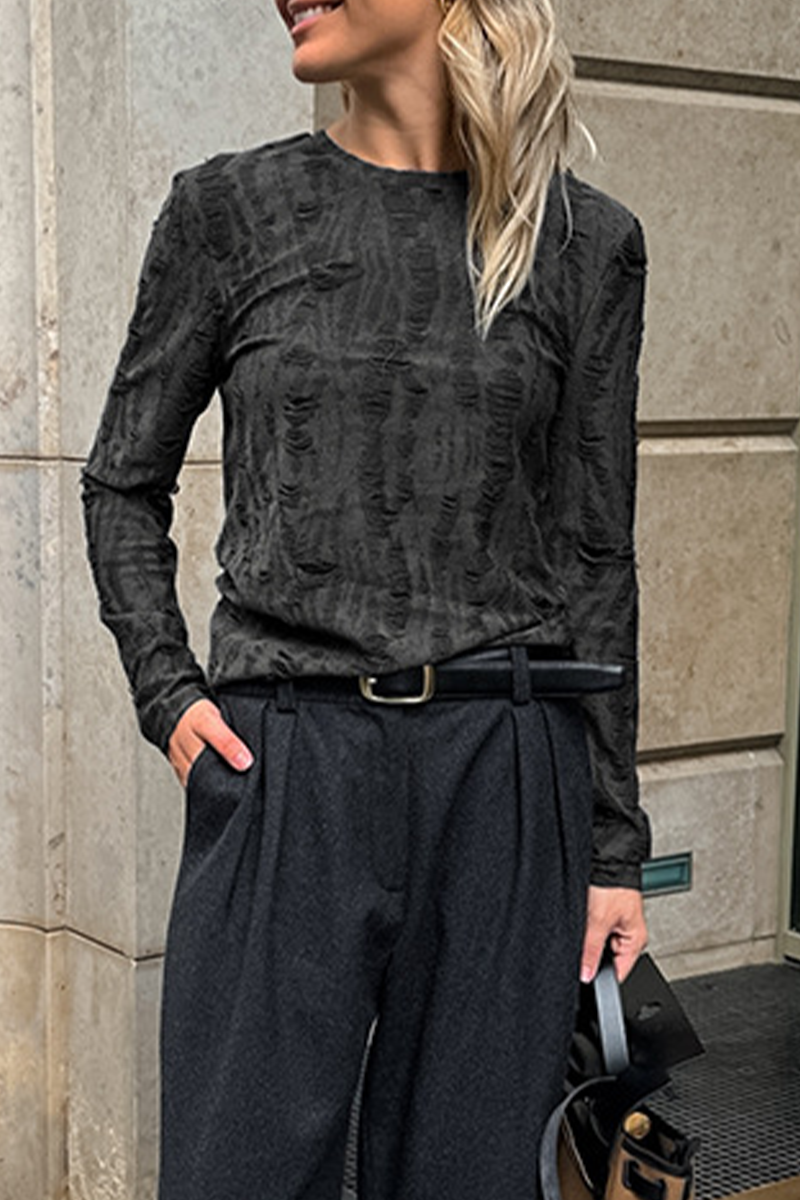 Casual Street Ripped Distressed O Neck Tops - Fashionpara