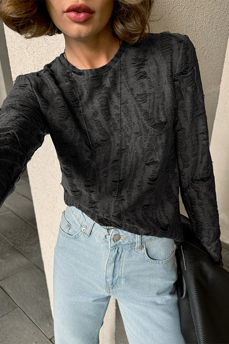 Casual Street Ripped Distressed O Neck Tops - Fashionpara