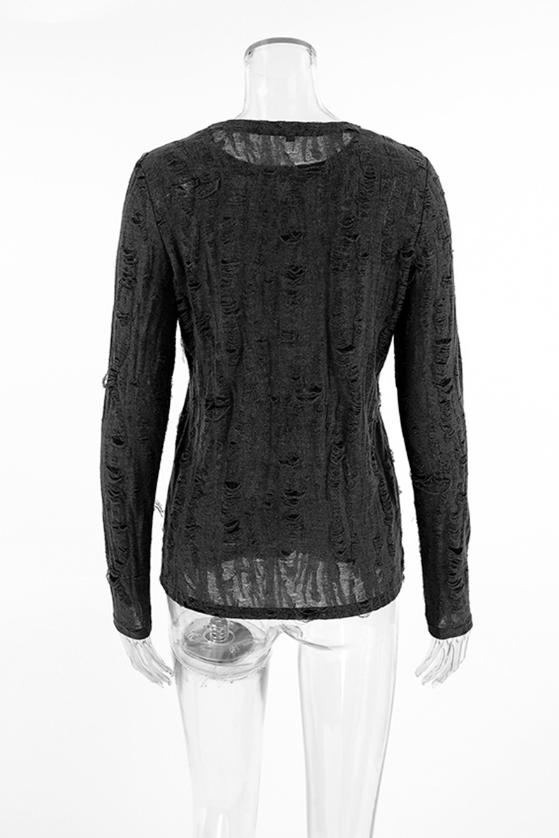 Casual Street Ripped Distressed O Neck Tops - Fashionpara