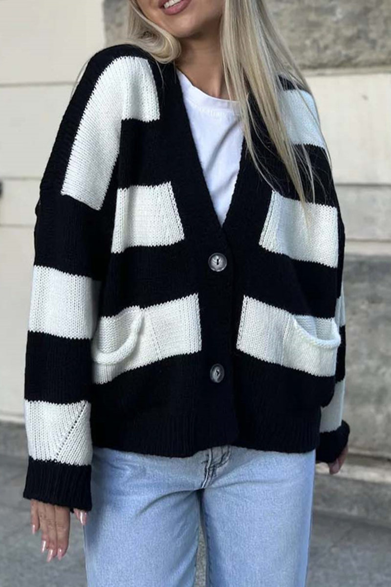 Casual V Neck Knitted Jacket with Pocket Patchwork Design