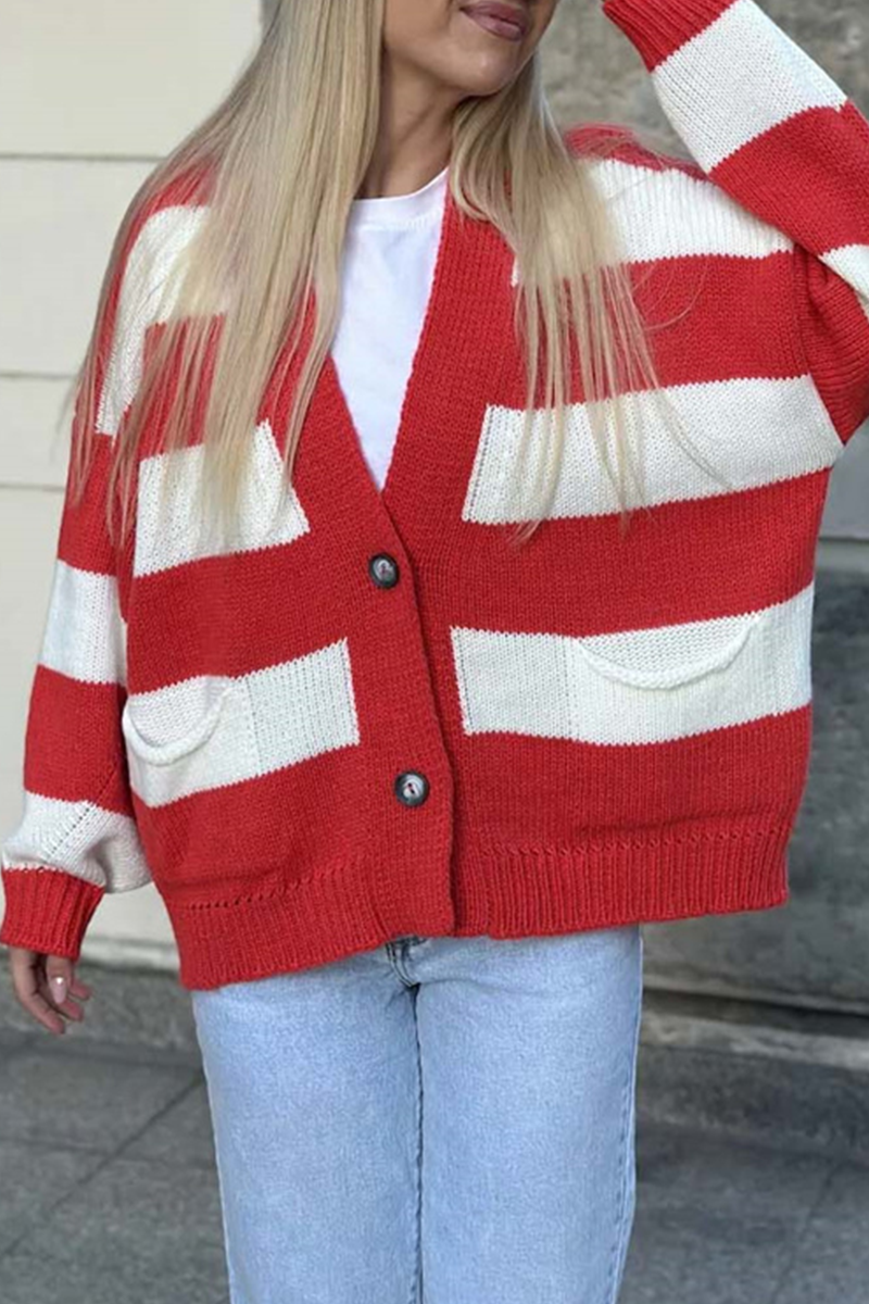 Casual V Neck Knitted Jacket with Pocket Patchwork Design