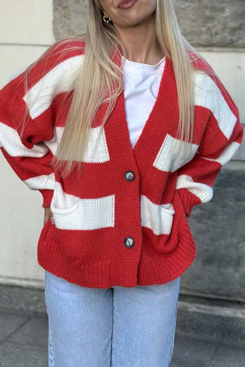 Casual V Neck Knitted Jacket with Pocket Patchwork Design