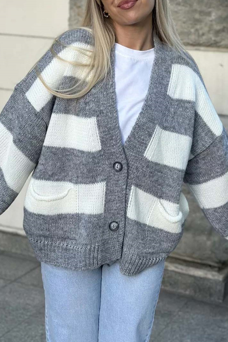 Casual V Neck Knitted Jacket with Pocket Patchwork Design