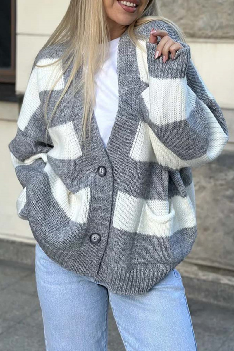 Casual V Neck Knitted Jacket with Pocket Patchwork Design