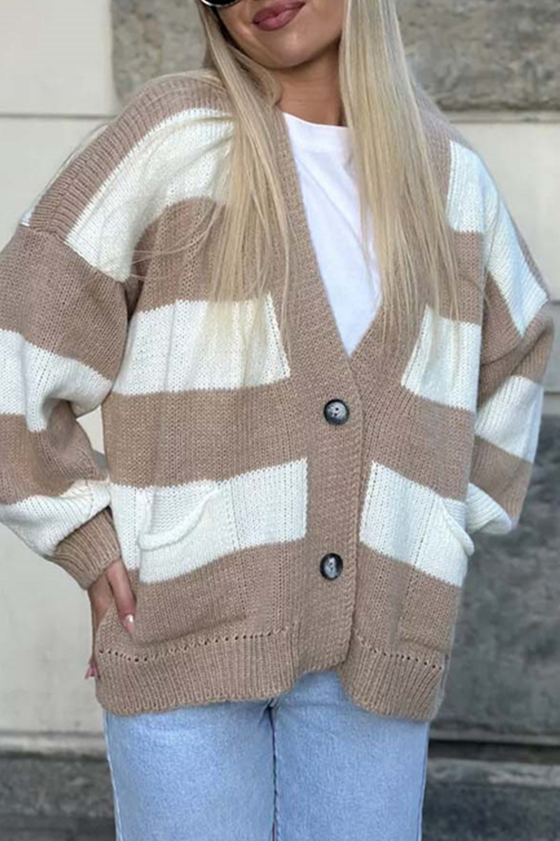Casual V Neck Knitted Jacket with Pocket Patchwork Design