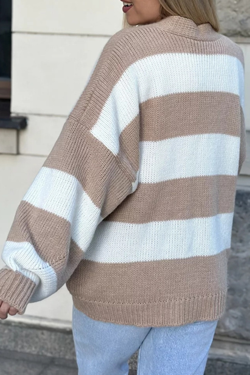 Casual V Neck Knitted Jacket with Pocket Patchwork Design