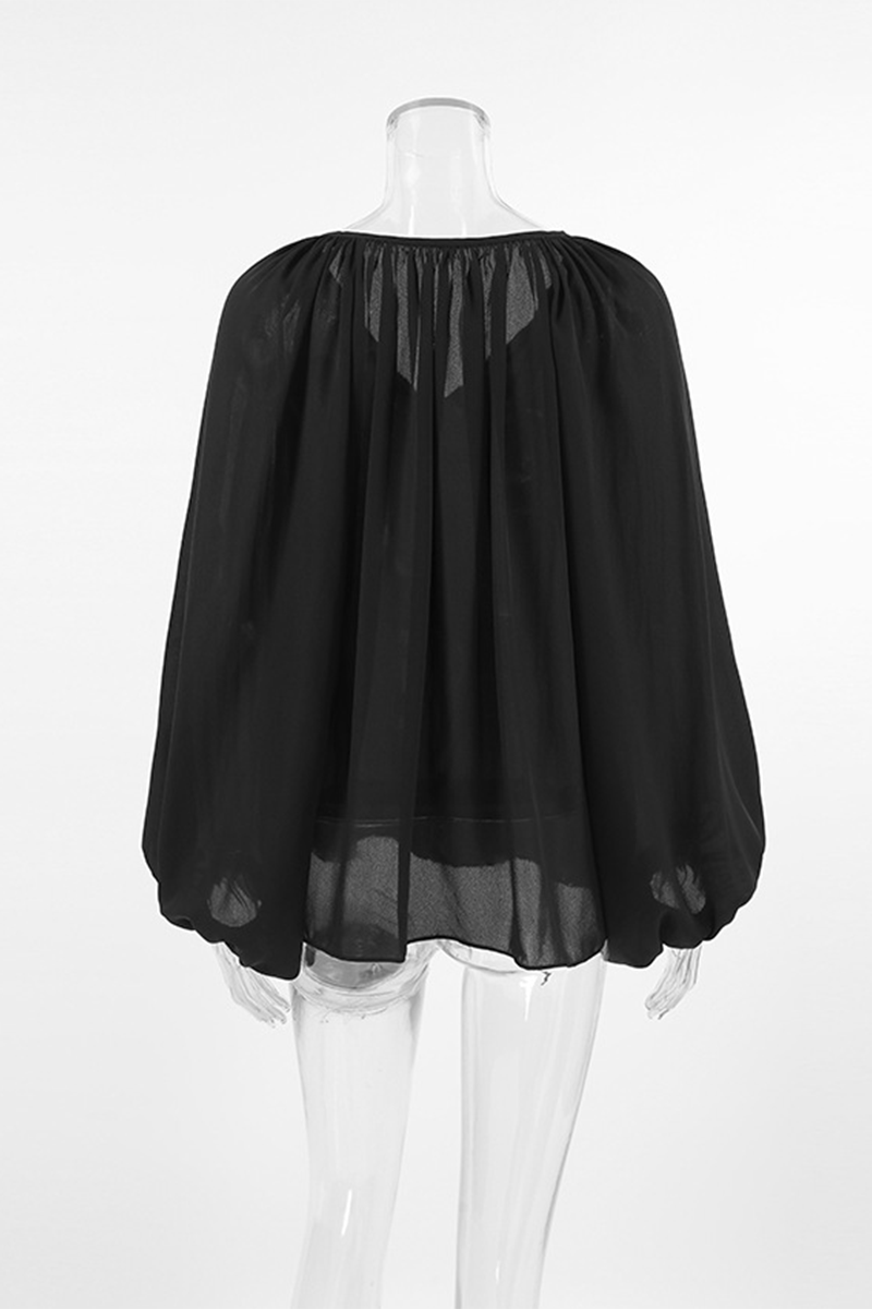 Casual Lace Up See-Through V Neck Blouses - Fashionpara