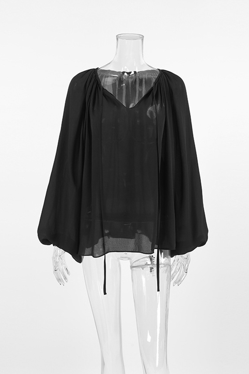 Casual Lace Up See-Through V Neck Blouses - Fashionpara