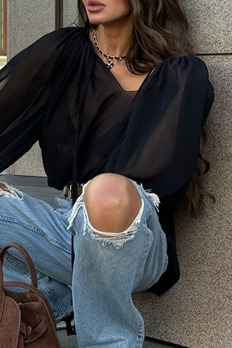 Casual Lace Up See-Through V Neck Blouses - Fashionpara