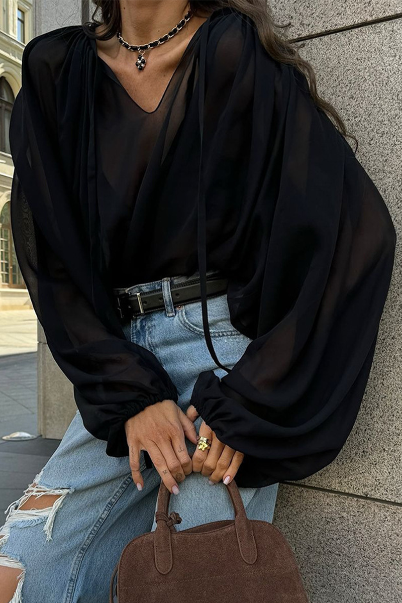 Casual Lace Up See-Through V Neck Blouses - Fashionpara