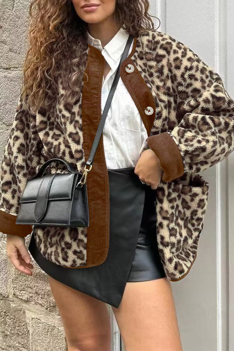 Leopard Print Patchwork O Neck Blazer with Pockets