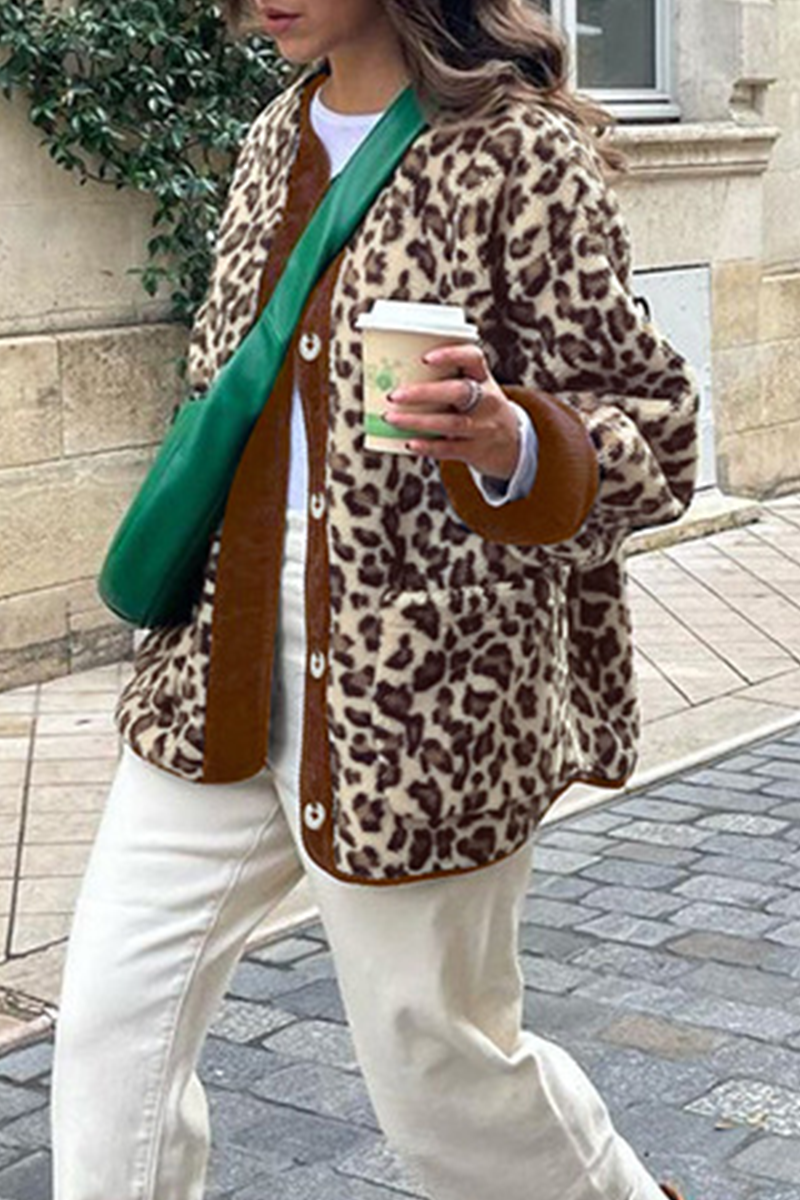 Leopard Print Patchwork O Neck Blazer with Pockets