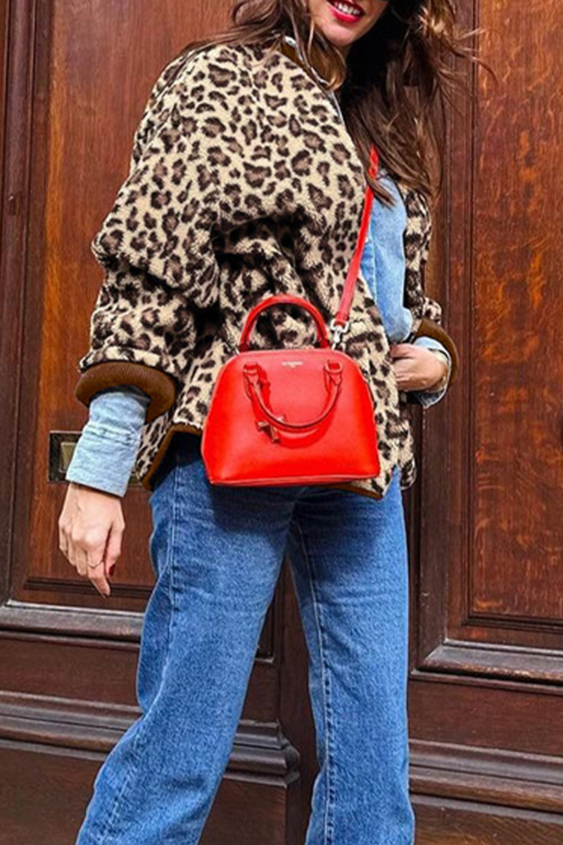 Leopard Print Patchwork O Neck Blazer with Pockets