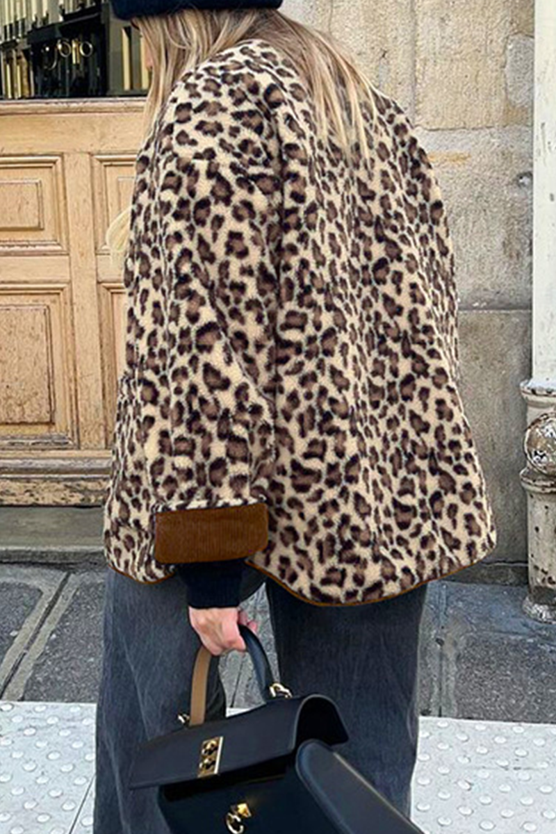 Leopard Print Patchwork O Neck Blazer with Pockets