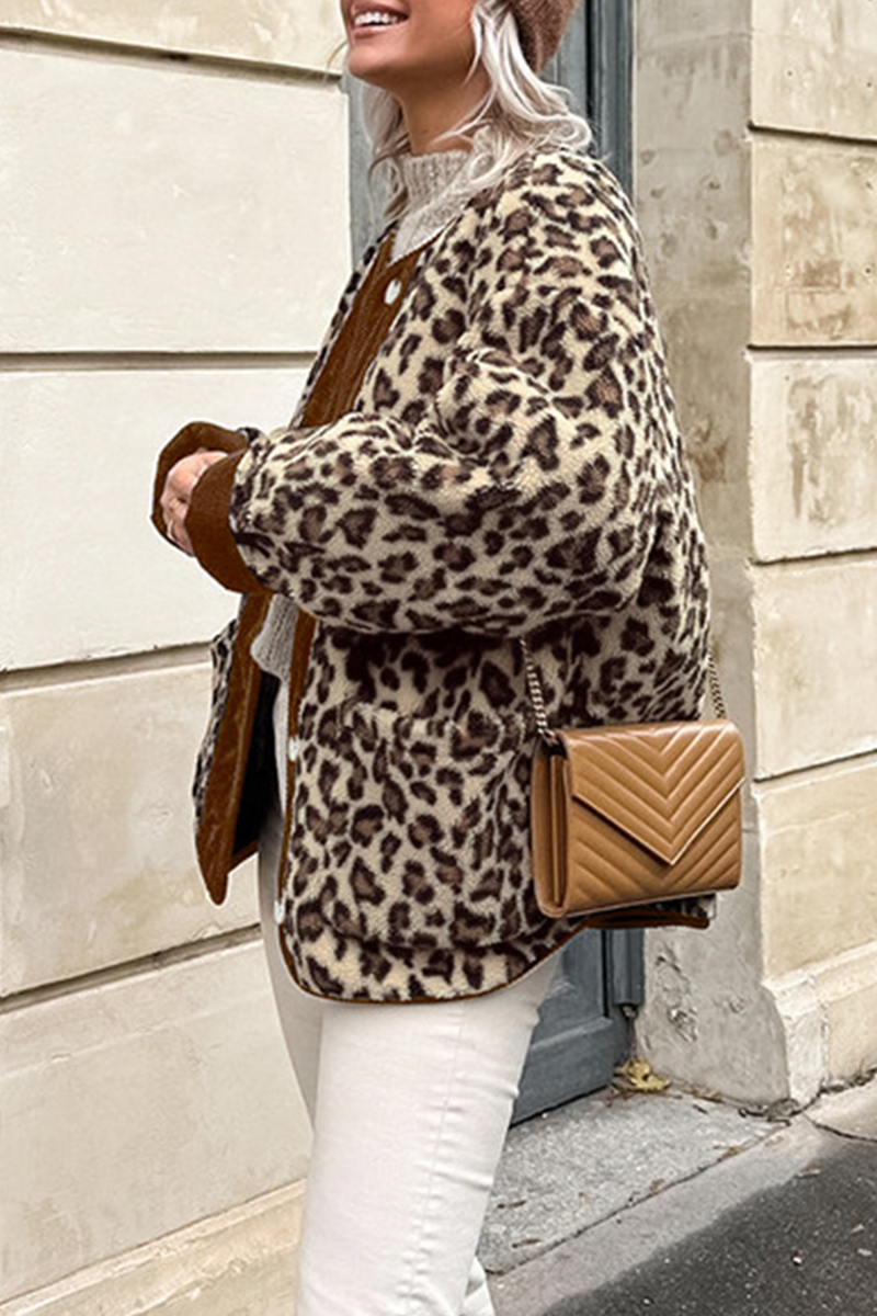 Leopard Print Patchwork O Neck Blazer with Pockets