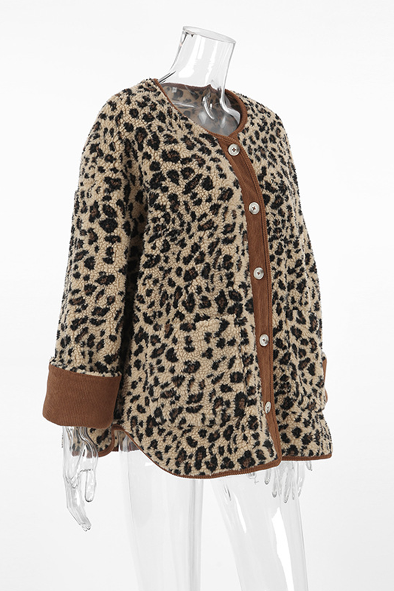 Leopard Print Patchwork O Neck Blazer with Pockets